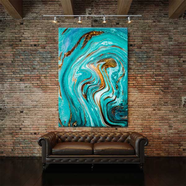 Turkuaz ve Altın Tonlu Modern Ebru Sanatı Dikey Duvar Tablosu Kanvas Tablo 12152