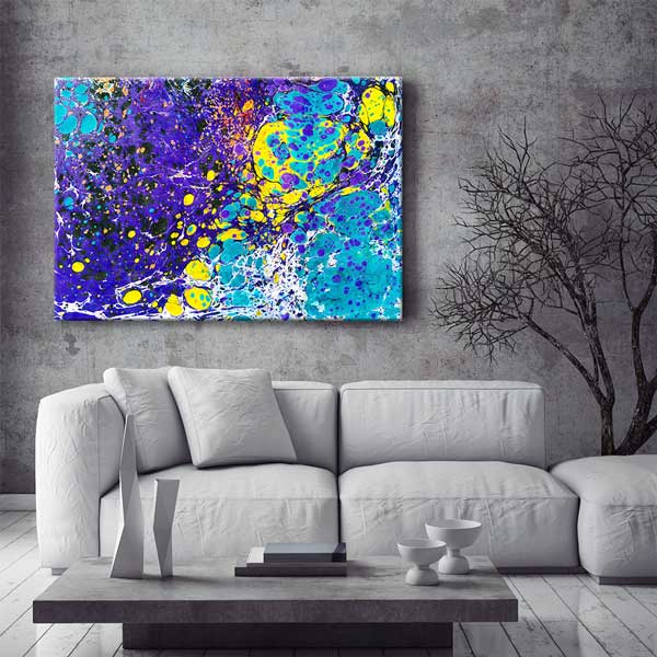 Mor ve Turkuaz Tonlu Modern Ebru Sanatı Duvar Tablosu Kanvas Tablo 12136