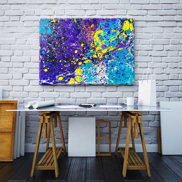 Mor ve Turkuaz Tonlu Modern Ebru Sanatı Duvar Tablosu Kanvas Tablo 12136