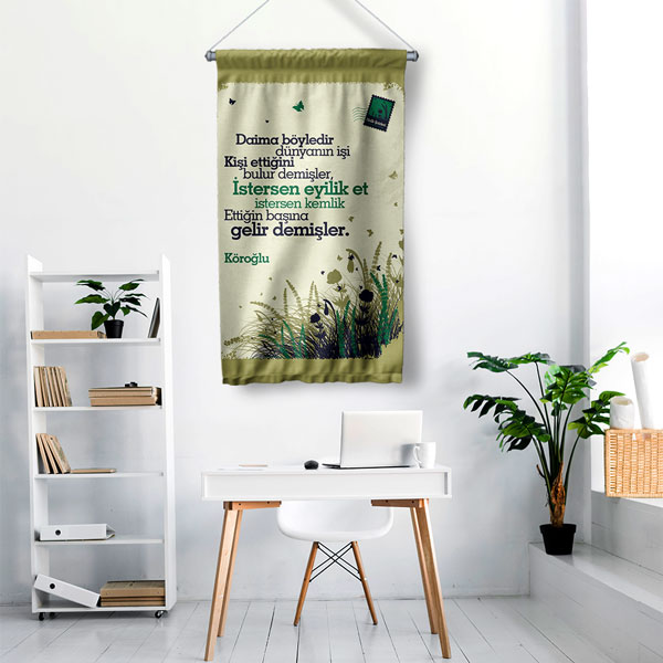 Köroğlu Şiirli Duvar Flaması - "Dünyanın İşi" Edebi Kumaş Baskı 8028