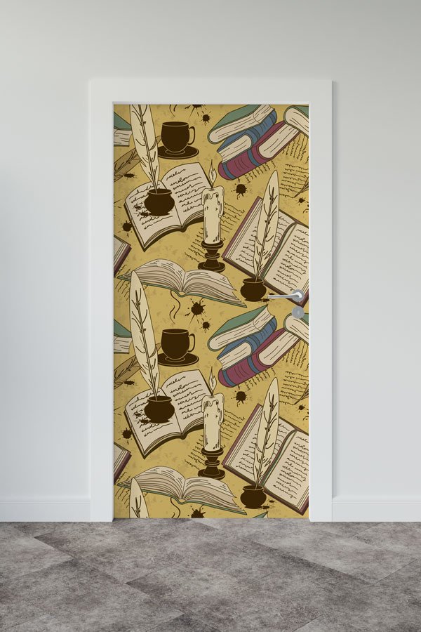 Edebi Temalı Kapı Giydirme - Kitap, Divit ve Mum Desenli Dekoratif Baskı 8668