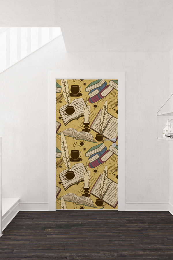 Edebi Temalı Kapı Giydirme - Kitap, Divit ve Mum Desenli Dekoratif Baskı 8668