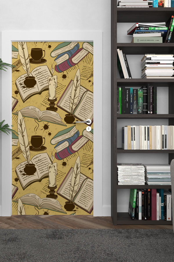 Edebi Temalı Kapı Giydirme - Kitap, Divit ve Mum Desenli Dekoratif Baskı 8668