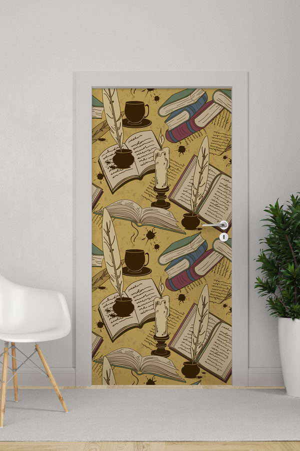 Edebi Temalı Kapı Giydirme - Kitap, Divit ve Mum Desenli Dekoratif Baskı 8668