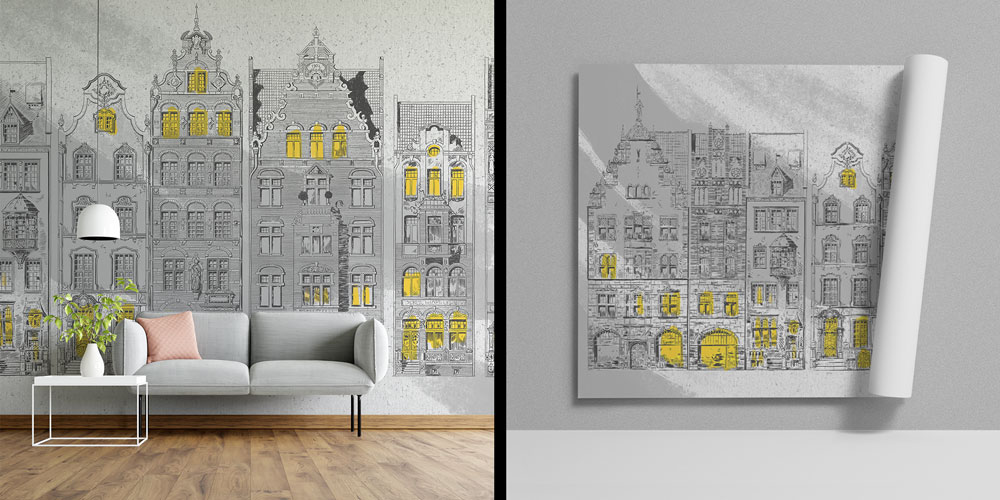 Klasik Mimari Çizim Desenli Duvar Kağıdı 5573