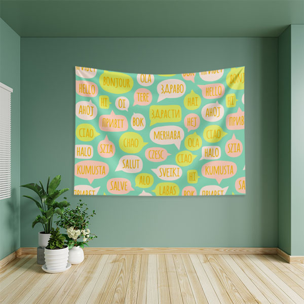 english-class-wall-tapestry-8255-03 Farklı Dillerde "Merhaba" Konuşma Balonları Duvar Örtüsü 8255