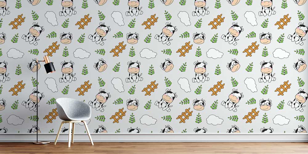 Sevimli İnek Desenli Çocuk Odası Çiftlik Temalı Duvar Kağıdı 4727