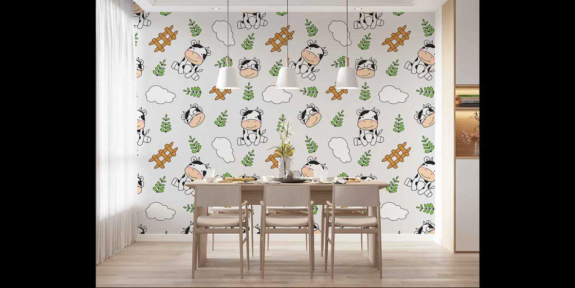 Sevimli İnek Desenli Çocuk Odası Çiftlik Temalı Duvar Kağıdı 4727