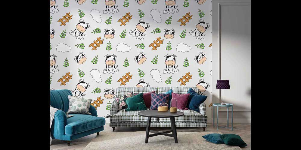 Sevimli İnek Desenli Çocuk Odası Çiftlik Temalı Duvar Kağıdı 4727