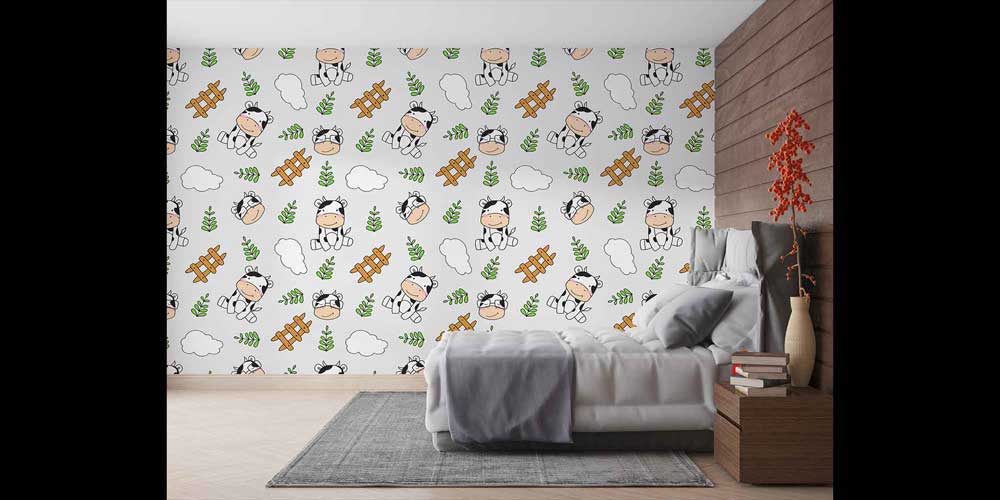 Sevimli İnek Desenli Çocuk Odası Çiftlik Temalı Duvar Kağıdı 4727