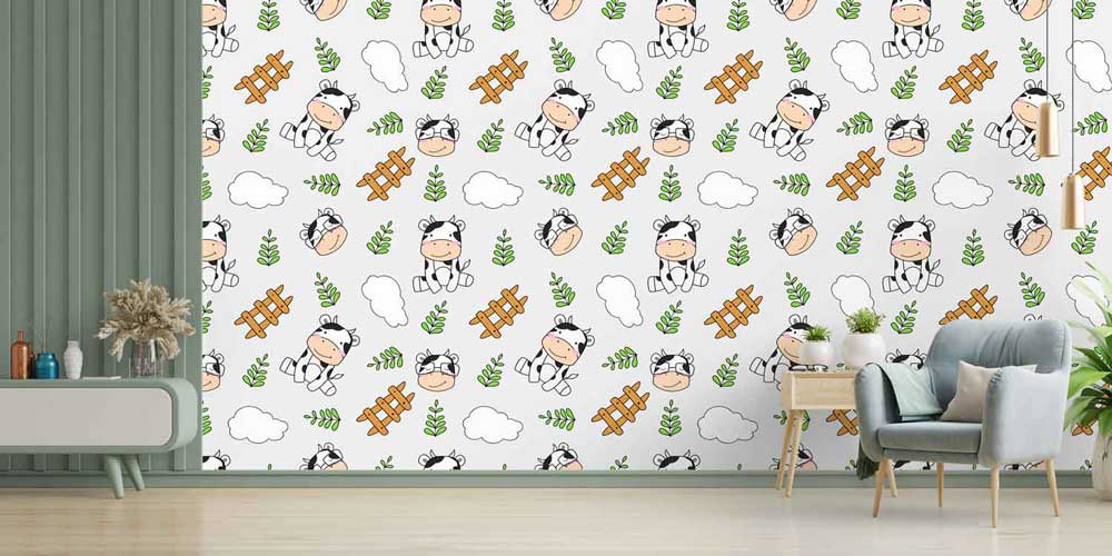 Sevimli İnek Desenli Çocuk Odası Çiftlik Temalı Duvar Kağıdı 4727