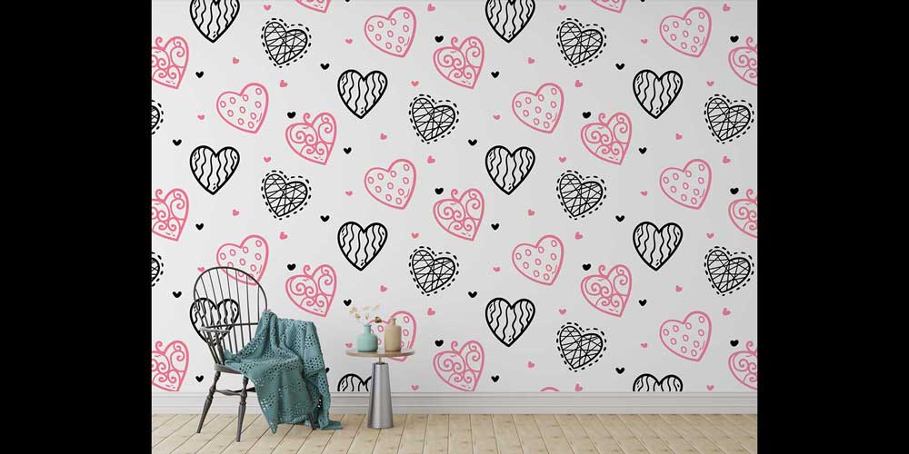 ev-dekorasyonu-4517-06 El Çizimi Kalp Desenli Duvar Kağıdı 4517
