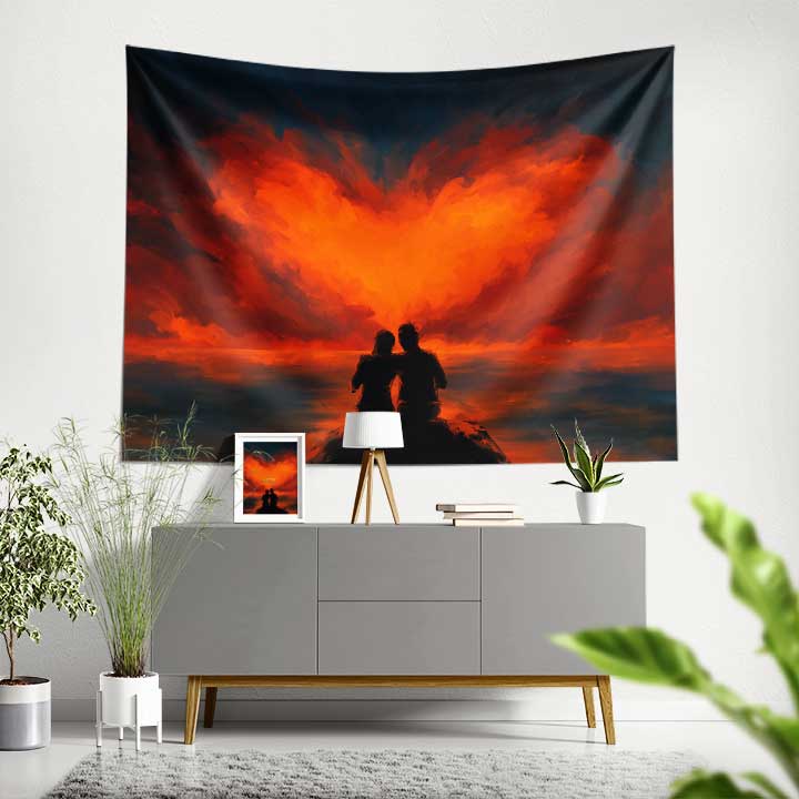 Ateş Kalp Manzaralı Romantik Duvar Örtüsü 4526