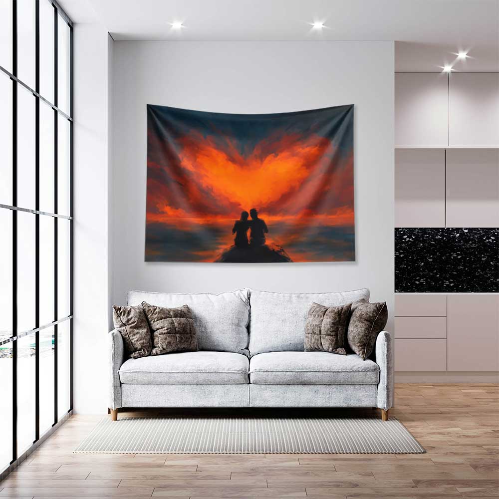 Ateş Kalp Manzaralı Romantik Duvar Örtüsü 4526