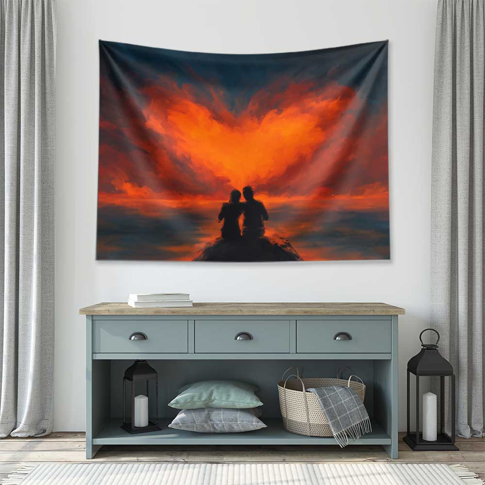 Ateş Kalp Manzaralı Romantik Duvar Örtüsü 4526