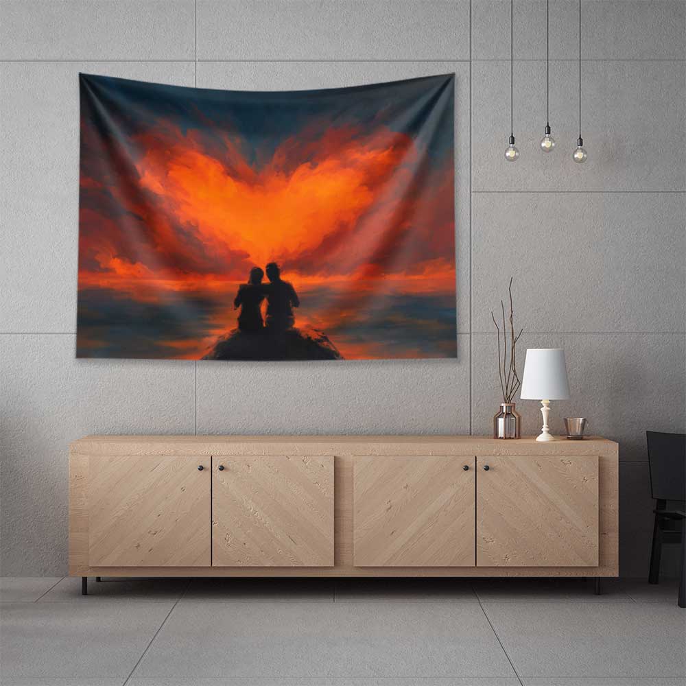 Ateş Kalp Manzaralı Romantik Duvar Örtüsü 4526