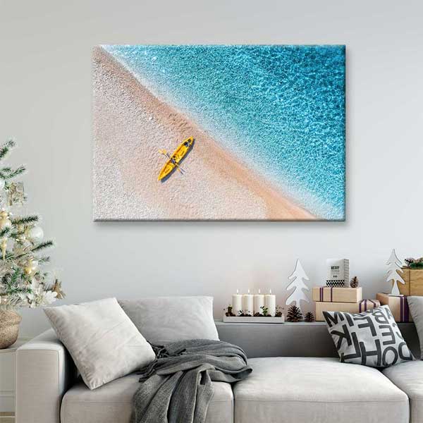 Turkuaz Sahilde Sarı Kano Üstten Görünüm Deniz Temalı Duvar Tablosu 4571