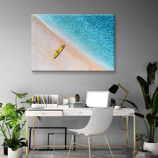 Turkuaz Sahilde Sarı Kano Üstten Görünüm Deniz Temalı Duvar Tablosu 4571