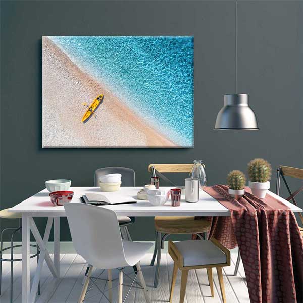 Turkuaz Sahilde Sarı Kano Üstten Görünüm Deniz Temalı Duvar Tablosu 4571