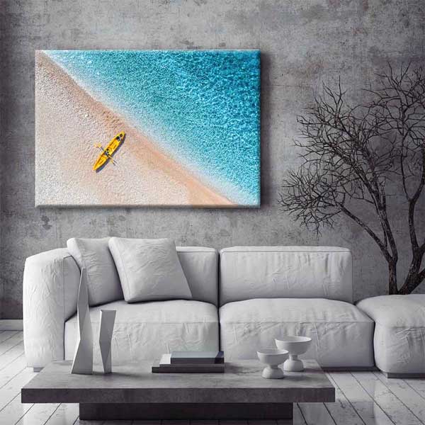 Turkuaz Sahilde Sarı Kano Üstten Görünüm Deniz Temalı Duvar Tablosu 4571
