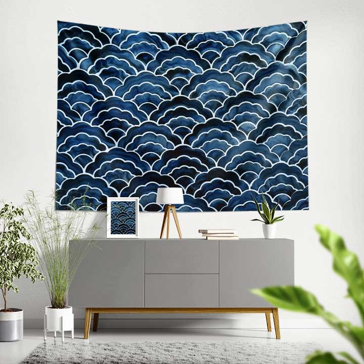 Akvarel Dalga Desenli Koyu Mavi Deniz Temalı Duvar Örtüsü 4636