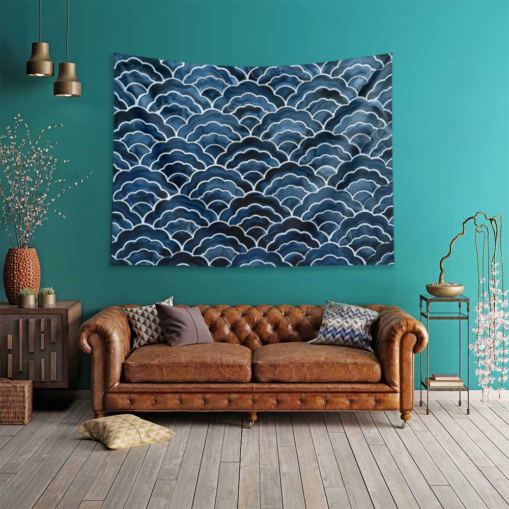 Akvarel Dalga Desenli Koyu Mavi Deniz Temalı Duvar Örtüsü 4636