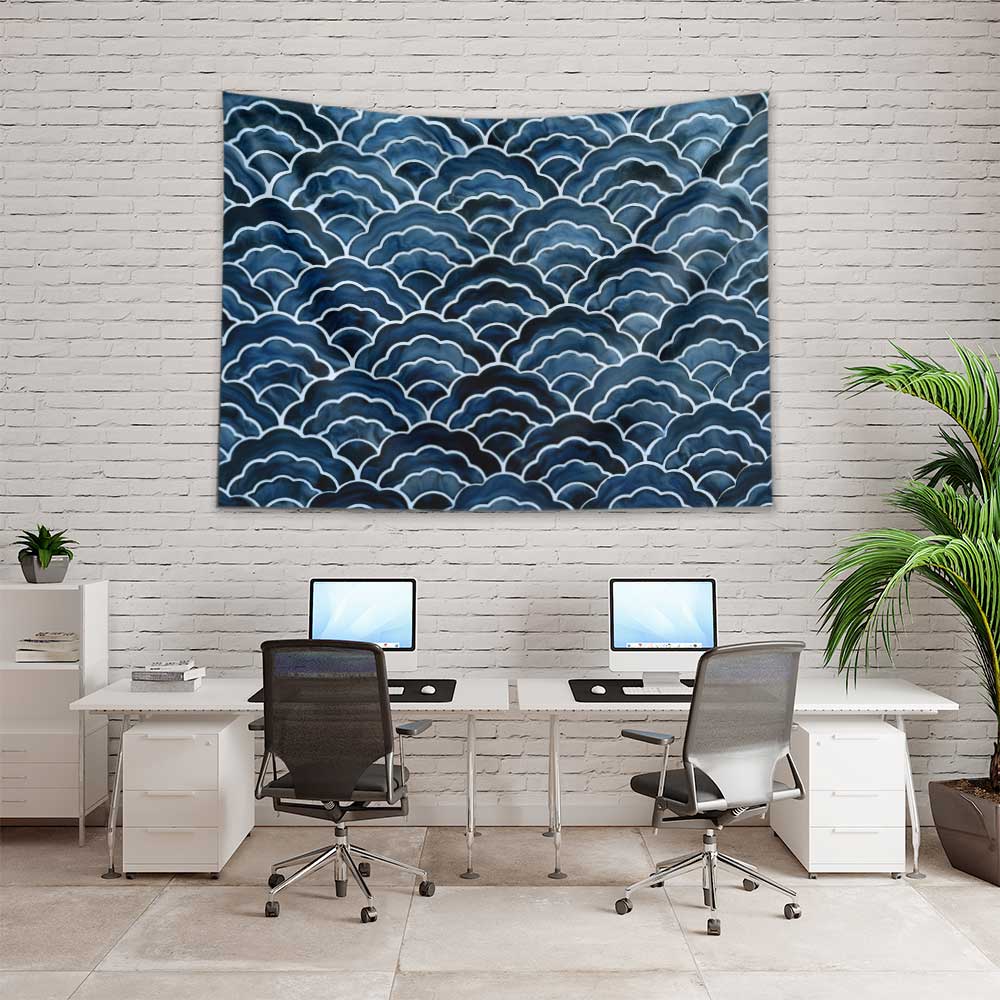 Akvarel Dalga Desenli Koyu Mavi Deniz Temalı Duvar Örtüsü 4636