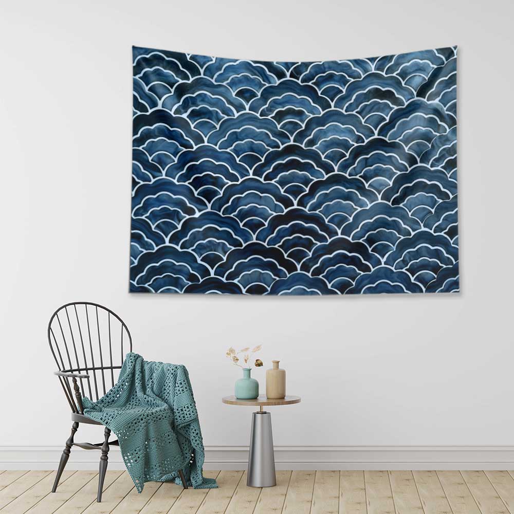 Akvarel Dalga Desenli Koyu Mavi Deniz Temalı Duvar Örtüsü 4636