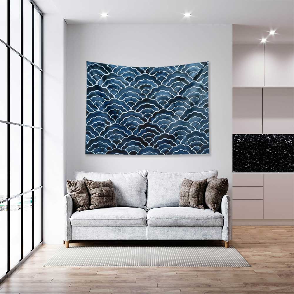 Akvarel Dalga Desenli Koyu Mavi Deniz Temalı Duvar Örtüsü 4636