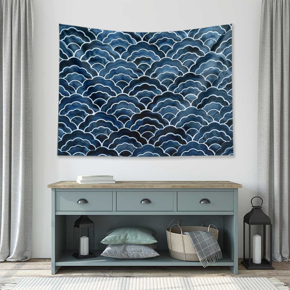 Akvarel Dalga Desenli Koyu Mavi Deniz Temalı Duvar Örtüsü 4636