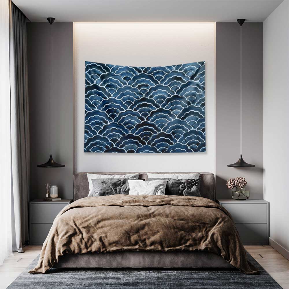 Akvarel Dalga Desenli Koyu Mavi Deniz Temalı Duvar Örtüsü 4636