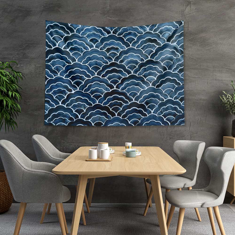 Akvarel Dalga Desenli Koyu Mavi Deniz Temalı Duvar Örtüsü 4636