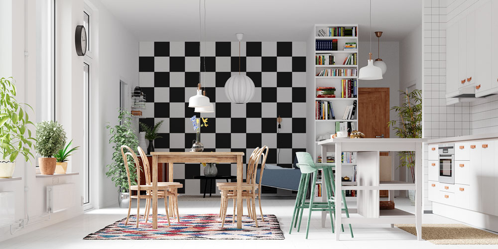 Siyah Beyaz Dama Desenli Modern Desen Sanatı Duvar Kaplaması 5178