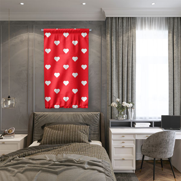ev-dekorasyonu-5199-02 Kırmızı Zemin Beyaz Kalp Desenli Romantik Duvar Flaması 5199
