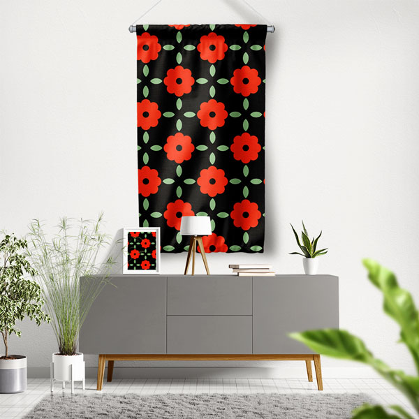 Kırmızı Çiçek Motifli Desen Sanatı Duvar Flaması 5205