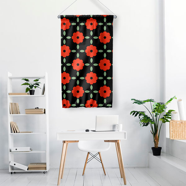 ev-dekorasyonu-5205-01 Kırmızı Çiçek Motifli Desen Sanatı Duvar Flaması 5205