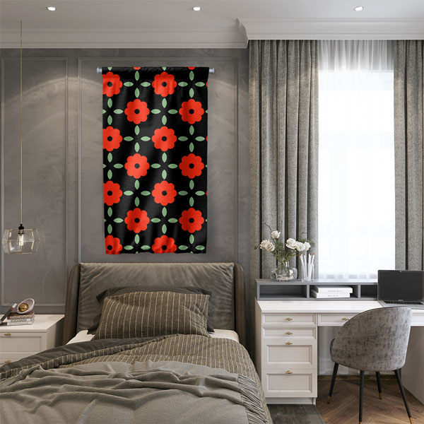 ev-dekorasyonu-5205-04 Kırmızı Çiçek Motifli Desen Sanatı Duvar Flaması 5205