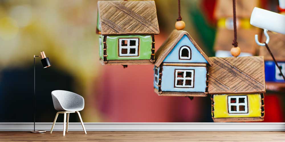 Renkli Ev Figürlü Duvar Kağıdı - İnşaat ve Emlak Ofisleri İçin Dekoratif Kaplama 5584