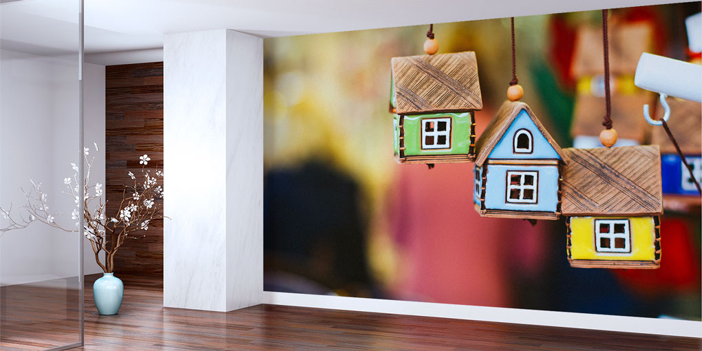 Renkli Ev Figürlü Duvar Kağıdı - İnşaat ve Emlak Ofisleri İçin Dekoratif Kaplama 5584