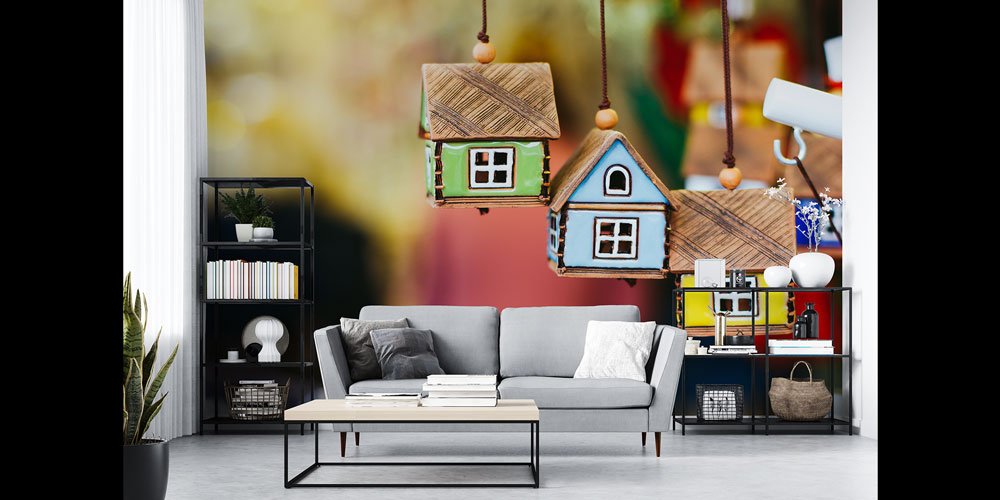 Renkli Ev Figürlü Duvar Kağıdı - İnşaat ve Emlak Ofisleri İçin Dekoratif Kaplama 5584