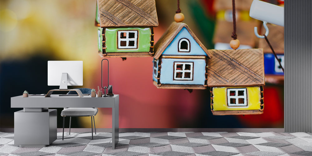 Renkli Ev Figürlü Duvar Kağıdı - İnşaat ve Emlak Ofisleri İçin Dekoratif Kaplama 5584