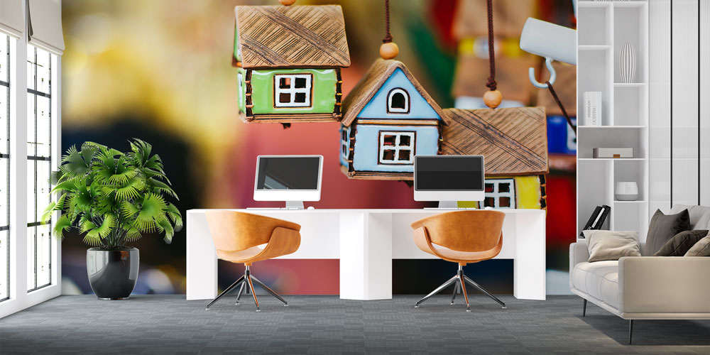 Renkli Ev Figürlü Duvar Kağıdı - İnşaat ve Emlak Ofisleri İçin Dekoratif Kaplama 5584