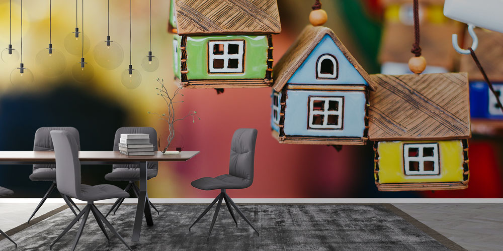 Renkli Ev Figürlü Duvar Kağıdı - İnşaat ve Emlak Ofisleri İçin Dekoratif Kaplama 5584