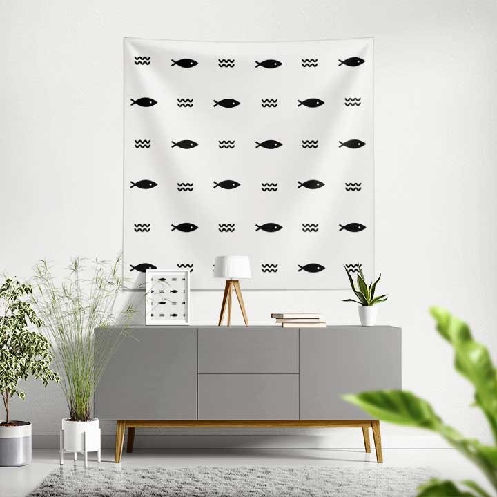 Minimal Balık ve Dalga İkonlu Deniz Temalı Duvar Örtüsü 4645