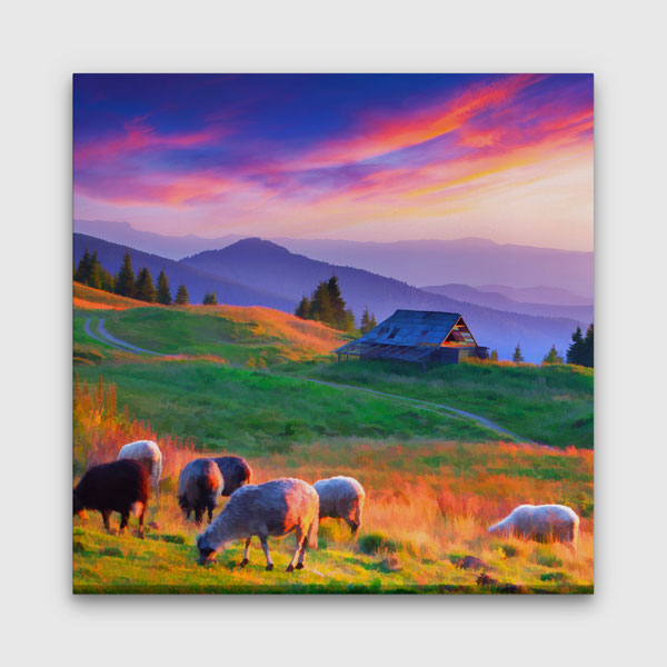 Gün Batımında Kır Evi ve Otlayan Koyunlar Manzarası Kanvas Tablo 4693