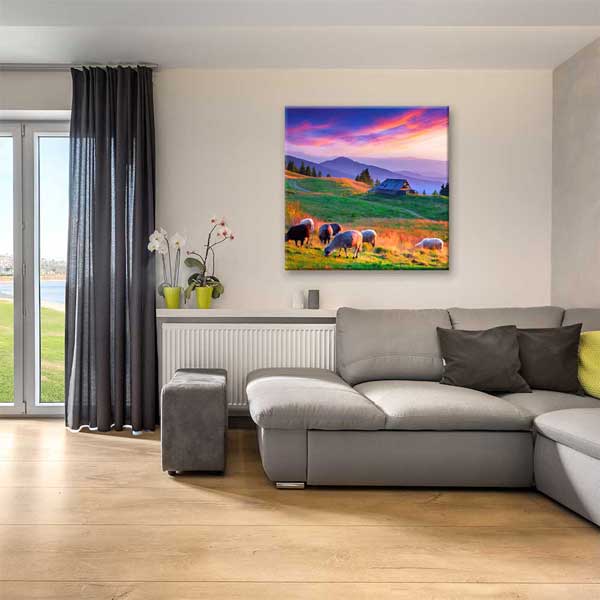 Gün Batımında Kır Evi ve Otlayan Koyunlar Manzarası Kanvas Tablo 4693