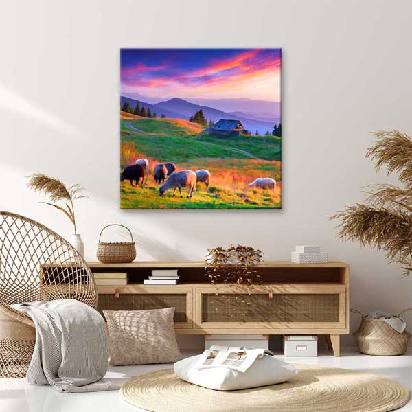 Gün Batımında Kır Evi ve Otlayan Koyunlar Manzarası Kanvas Tablo 4693