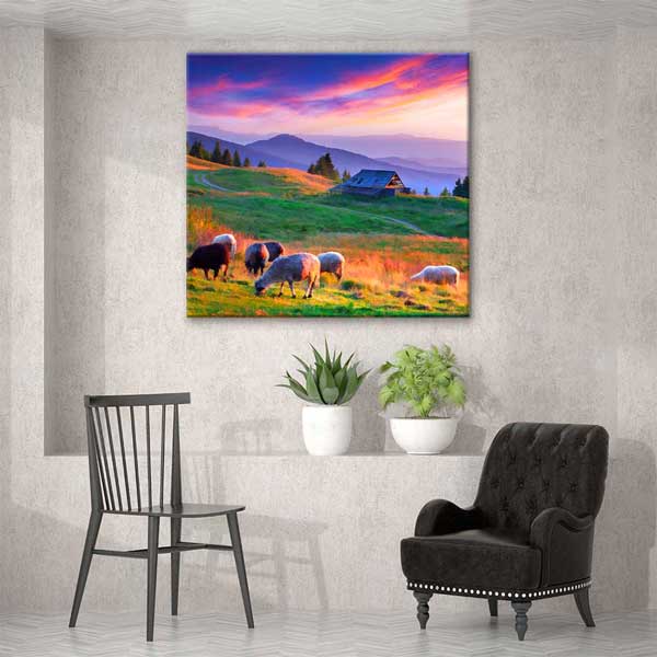 Gün Batımında Kır Evi ve Otlayan Koyunlar Manzarası Kanvas Tablo 4693