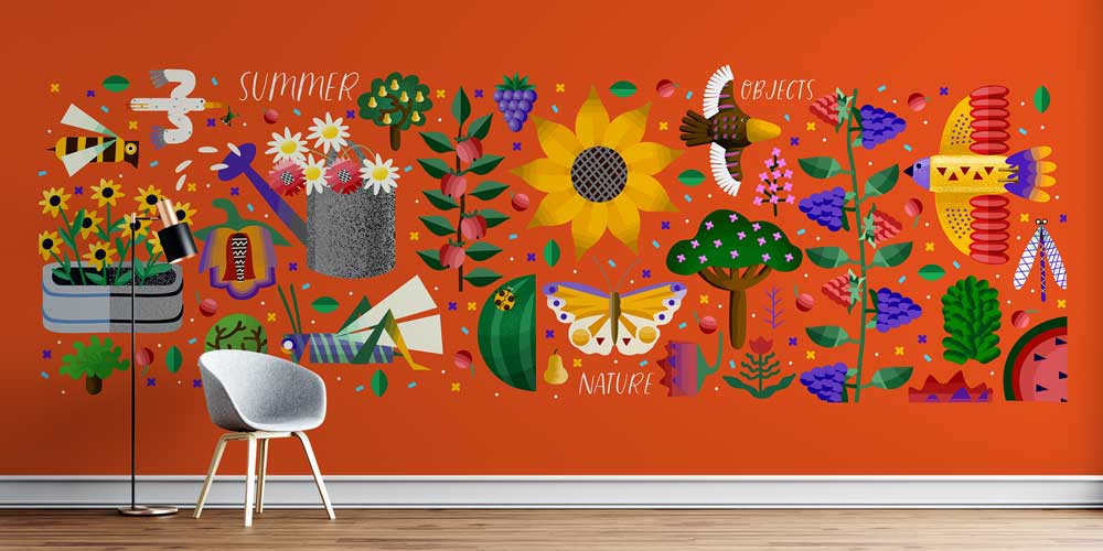 Yaz ve Doğa Objeleri İllüstrasyonlu Renkli Duvar Kağıdı 4721