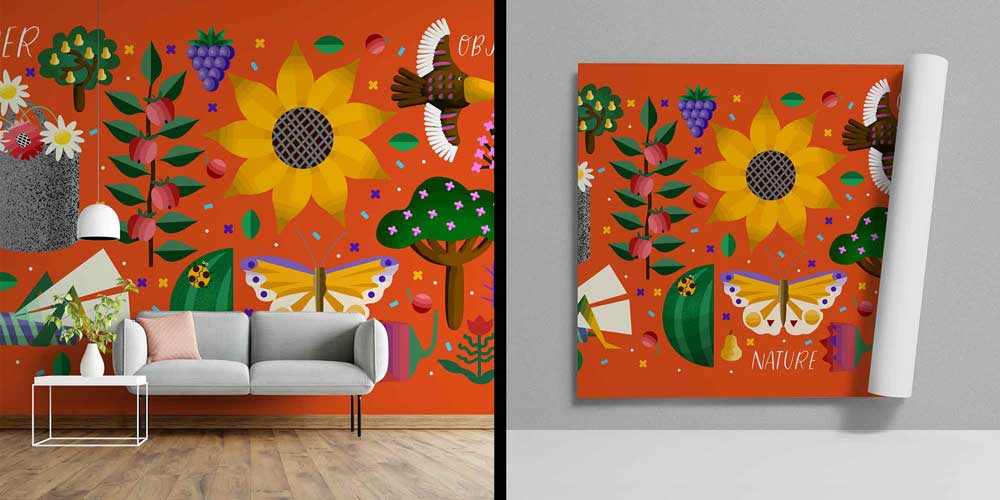 Yaz ve Doğa Objeleri İllüstrasyonlu Renkli Duvar Kağıdı 4721
